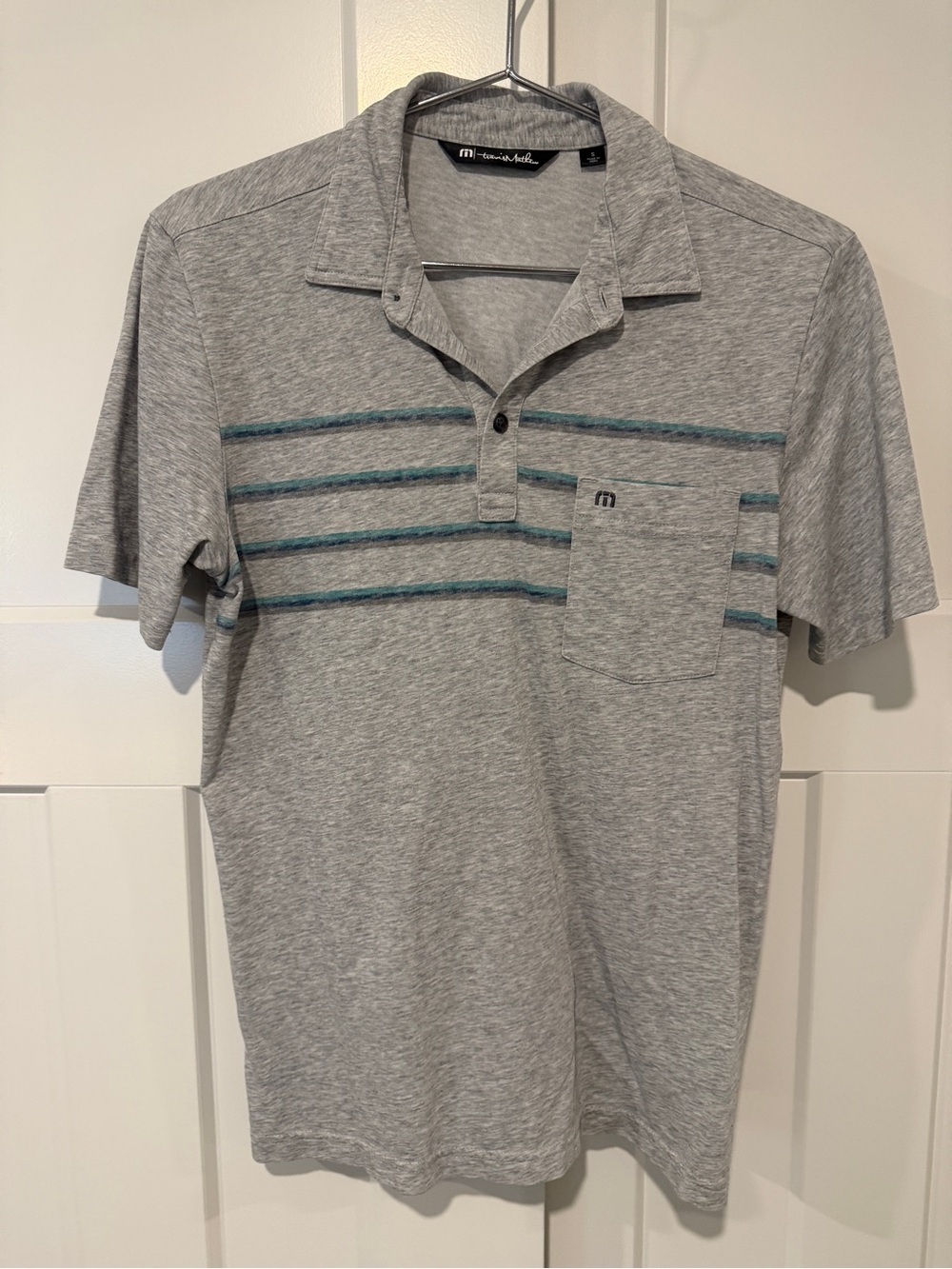 Travis Mathew Grey Polo with Teal Stripe Accents